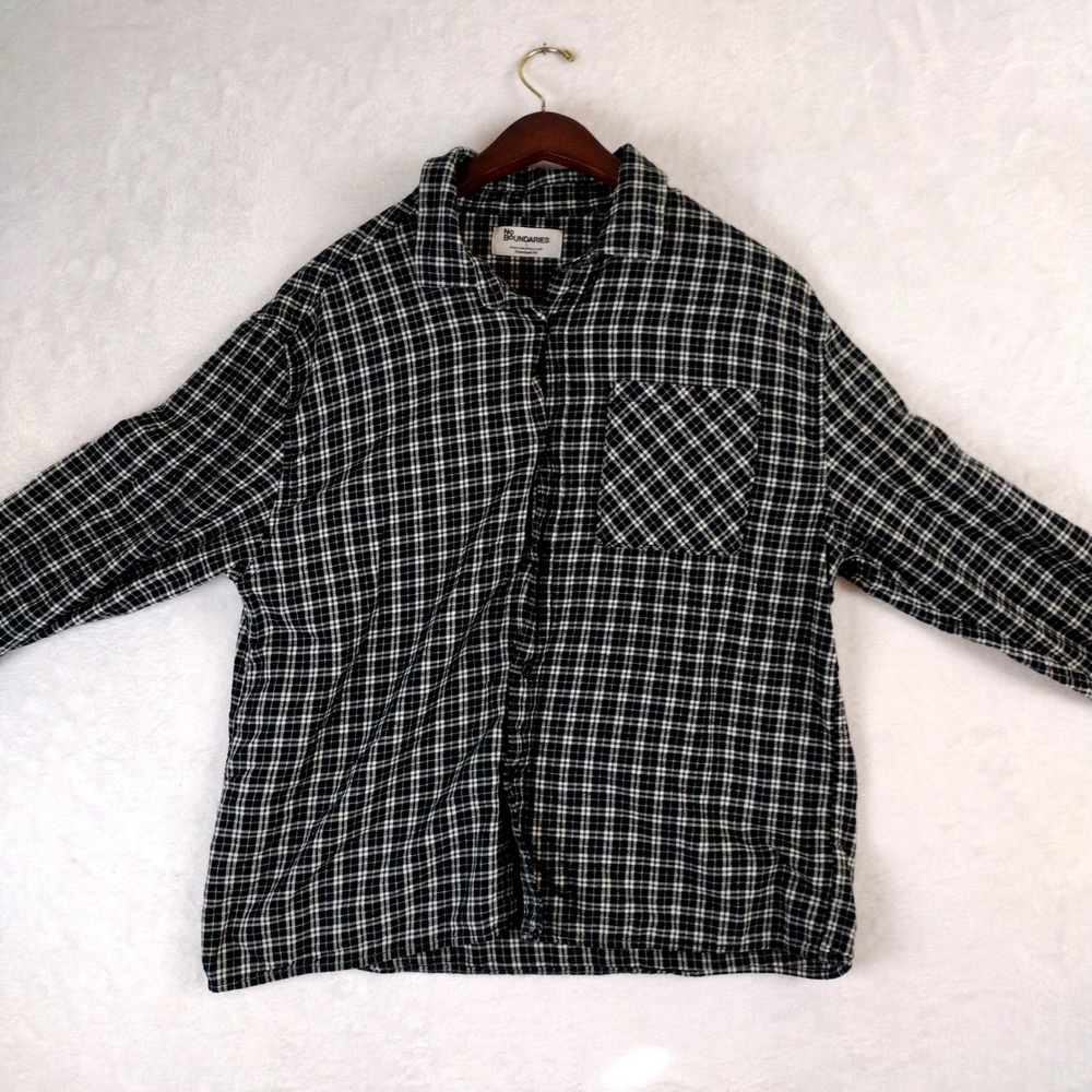 No Boundaries Mens Oversized Flannel Shirt L Black Green Plaid Cotton Button Up